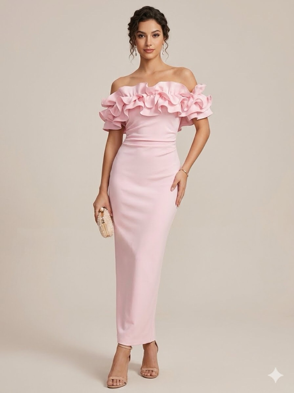 Ladies 9/10 Gorgeous fitted Blush Pink Off-Shoulder Ruffle Evening Gown